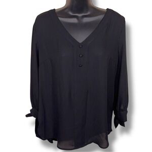 Small Fortune And Ivy Black Blouse Vneck 3/4 Sleeve Tie Accent Stretch Back